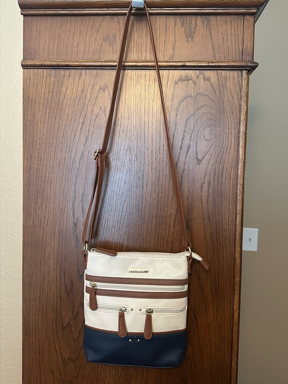 Stone & Co. Cream, Navy with Brown trim Crossbody Bag